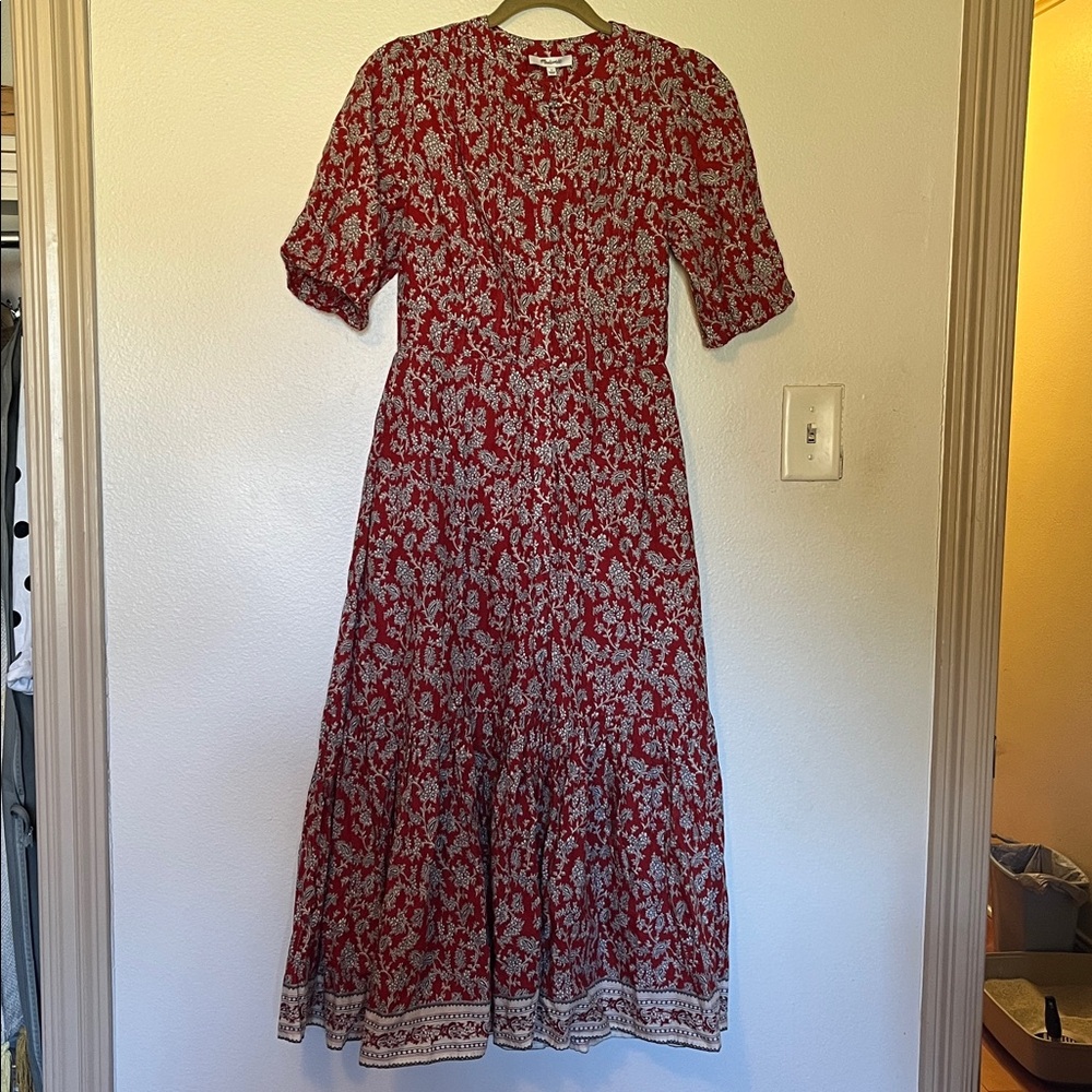 Madewell red floral midi dress with pockets